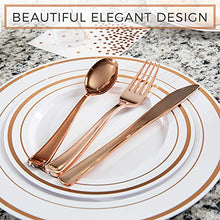 Load image into Gallery viewer, SIRSIMON 250 Piece Disposable Rose Gold Plastic Dinnerware Set - 50 Rose Gold Plastic Plates - 25 Rose Gold Plastic Silverware - 25 RoseGold Cups and Straws - 50 Fancy Napkins, Wedding or Party of 25
