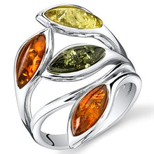 Load image into Gallery viewer, Baltic Amber Leaf Ring Sterling Silver Cherry Olive Honey Cognac Colors Size 7