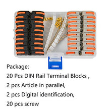 Load image into Gallery viewer, UOHGDPY DIN Rail Terminal Blocks kit,Universal Compact Wire Wiring Connector (20 pcs connectors+2 pcs Article in Parallel+ 2 pcs Digital Identification+20 pcs Screw)