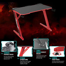 Load image into Gallery viewer, Flamaker Gaming Desk Gaming Table Computer Desk Gamer Table Z Shape Game Station with Large Carbon Fiber Surface, Cup Holder & Headphone (Red)