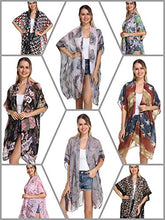 Load image into Gallery viewer, Women Kimono Swimsuit Cover Up Cardigan - Black Flower Chiffon Print Swimwear Beach Bathing Bikini Coverup Boho Batwing Loose Tops Outwear Kimono Dress Plus Size Loose Sleeve Shaw Black Big Flower