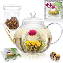 Load image into Gallery viewer, Teabloom Stovetop & Microwave Safe Glass Teapot (40 OZ / 1.2 L) with Removable Loose Tea Glass Infuser – Includes 2 Blooming Teas – 2-in-1 Tea Kettle and Tea Maker (Holds 4-5 Cups)