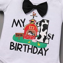 Load image into Gallery viewer, Farm Animals 1st Birthday Outfit Boys Baby Cake Smash Bowtie Romper Suspenders Diaper Covers Shorts First Cow Theme Farm Birthday Party Supplies Decorations for Photo Shoot Black 12-18 Months
