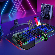 Load image into Gallery viewer, Gaming Keyboard Mouse & Mouse Pad Kit,3 in 1 Rainbow Backlit Rechargeable Wireless Keyboard Mouse with 3800mAh Battery Metal Panel Removable Hand Rest,RGB Gaming Mousepad(32.5x12inch),Gaming Mouse