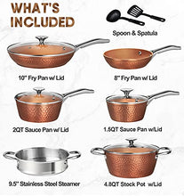 Load image into Gallery viewer, MICHELANGELO Copper Pots and Pans Set, Nonstick Copper Cookware 12 Piece, Hammered Pots and Pans Set, Kitchen Cookware Sets with Fry Pans, Stock Pans, Lids, Cooking Utensils - Induction Compatible