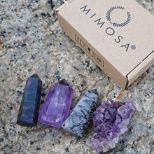 Load image into Gallery viewer, Mimosa Healing Crystal Wands,Mini Size Natural Crystal Quartz Standing Point|1-2.5'' Amethyst Crystal,Rainbow Fluorite Crystal &Natural Black Tourmaline in Quartz Crystal Tower&Deep Amethyst Cluster