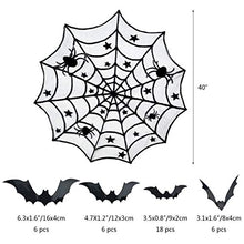 Load image into Gallery viewer, 5pack Halloween Decorations Tablecloth Runner Black Lace Round Spider Cobweb Table Cover Fireplace Mantel Scarf Spiderweb Fireplace Scarf Spider Lampshade with 36pcs Scary 3D Bat for Halloween Party