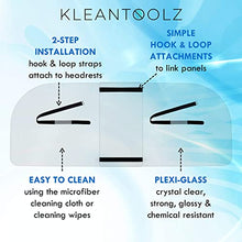 Load image into Gallery viewer, Kleantoolz Adjustable Plexiglass Car Sneeze Guard Barrier - Partition *IMPROVED For Most Vehicles, Shield For Rideshare Driver, Passengers - Microfiber Cloth, 2 Rating Cards, 2 Mask Stickers