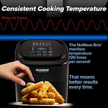 Load image into Gallery viewer, NUWAVE BRIO 6-Quart Digital Air Fryer cooking package with one-touch digital controls, 6 easy presets, precise temperature control, recipe book, basket divider, wattage control, and advanced functions like PREHEAT, REHEAT and more, also includes grill pan