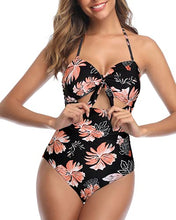 Load image into Gallery viewer, Tempt Me Women Floral Sexy Cutout One Piece Swimsuits Tummy Control High Waisted Halter Front Tie Knot Bathing Suit S