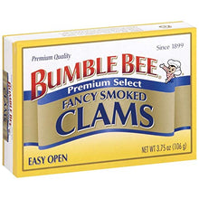 Load image into Gallery viewer, Bumble Bee Premium Select Smoked Clams, 3.75 Ounce Cans (Case of 12), Oysters Canned, High Protein, Keto Food and Keto Snacks, Gluten Free, Canned Food (Packaging May Vary)