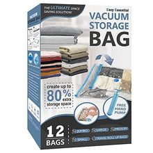 Load image into Gallery viewer, 12 Pack Vacuum Storage Bags, Space Saver Bags (2 Jumbo/2 Large/2 Medium/2 Small/4 Roll) Compression Storage Bags for Comforters and Blankets, Vacuum Sealer Bags for Clothes Storage, Hand Pump Included