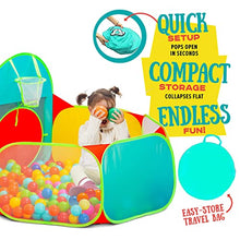 Load image into Gallery viewer, Children’s 5pc Pop Up Play Tent with Ball Pit & Crawl Tunnel – Pretend Playhouse for Kids, Toddlers, Boys, Girls, Indoors & Outdoors – Target Game with 4 Dart Balls – with Carry Case