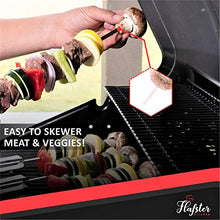 Load image into Gallery viewer, FLAFSTER KITCHEN Skewers for Grilling- 16" Long Flat BBQ Skewers with Push Bar- Shish Kabob Skewers - Stainless Steel Skewer Sticks for Camping - Wide Reusable Sword Skewers - 8 Pack with Storage Bag
