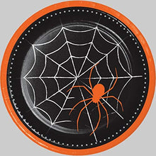 Load image into Gallery viewer, Halloween Party Supplies, Spider & Buffalo Plaid Design, 16 Guests, 129 Pieces, Disposable Paper Dinnerware, Plate, Napkin, Cups, Cutlery and Table Cover Set