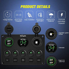 Load image into Gallery viewer, Nilight - 90125E 5 Gang Multi Function Rocker Switch Green Backlit Dual USB Charger + Digital Voltmeter +12V Outlet Pre-Wired Switch Panel with Inline Fuse for RVs Cars Boats Trucks Trailers