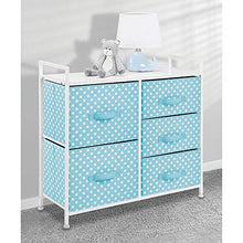 Load image into Gallery viewer, mDesign Wide Dresser 5 Drawers Storage Furniture - Wood Top, Easy Pull Fabric Bins - Organizer for Child/Kids Room or Nursery - Polka Dot Pattern, 32.6" W - Turquoise Blue with White Dots