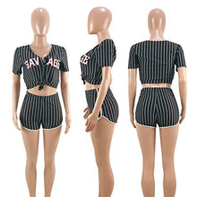 Load image into Gallery viewer, Women’s 2 Piece Outfits – Letter Print Stripe Baseball Sweatsuits Short Sleeve Button Down Shirts Top + Shorts Set Tracksuit Black Medium