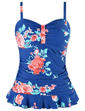 Load image into Gallery viewer, Hilor Women's 50's Retro Ruched Tankini Swimsuit Top with Ruffled Hem Navy&red Floral 18
