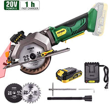 Load image into Gallery viewer, Circular Saw Cordless, POPOMAN 4-1/2" Mini Saw 20V, 1H Fast Charger, 9.5'' Base Plate, One Hand Control, 2.0Ah Battery, Laser Guide, Cutting Depth 1-11/16'' (90°), 1-3/8'' (0°-45°), Wood metal Cuts