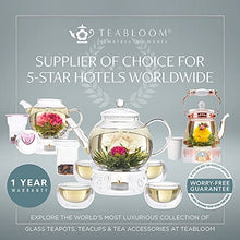 Load image into Gallery viewer, Teabloom Stovetop & Microwave Safe Glass Teapot (40 OZ / 1.2 L) with Removable Loose Tea Glass Infuser – Includes 2 Blooming Teas – 2-in-1 Tea Kettle and Tea Maker (Holds 4-5 Cups)