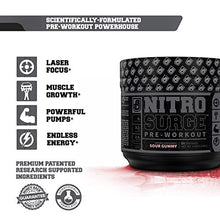 Load image into Gallery viewer, NITROSURGE Black Pre Workout Supplement - Nootropic Energy Booster Powder w/Dynamine & TeaCrine - PreWorkout Nitric Oxide Booster - 30 Servings, Sour Gummy