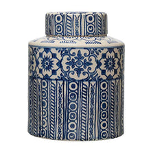 Load image into Gallery viewer, Creative Co-Op Decorative Stoneware Ginger Pattern, Blue & Cream Color Jar