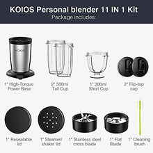 Load image into Gallery viewer, KOIOS 850W Personal Blender for Shakes and Smoothies, 11 Pieces Bullet Single Smoothie Blender for Kitchen, Small Protable Mixer with 2x17 Oz and 10 Oz Travel Bottles, 2 Spout Lids, BPA Free (Black)