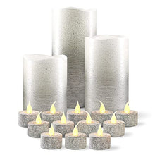 Load image into Gallery viewer, FURORA LIGHTING Glitter Silver Tea Lights Candles with Timer 12 Pack Bundle with Silver Ombre LED Candles Battery Operated 3 Pack