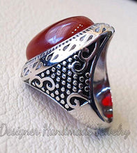 Load image into Gallery viewer, Aqeeq man ring natural liver agate natural red onyx ring semi-precious red stone oval heavy sterling silver arabic middle eastern turkey style