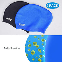 Load image into Gallery viewer, aegend No Leaking Swim Goggles, with 2 Pack Long Hair Swim Caps (Black + Blue)