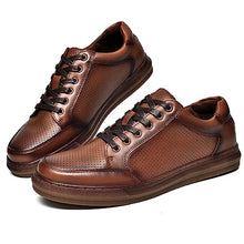 Load image into Gallery viewer, Men's Fashion Sneakers Casual Leather Shoes for Men Perforated Brown Genuine Leather Upper Lace Up Slip On Walking Shoe Size 11