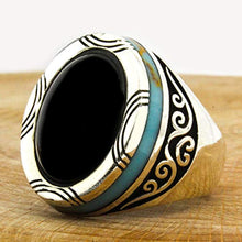 Load image into Gallery viewer, Solid 925 Sterling Silver Rings for Men Turkish Handmade Onyx Stone with Simulated Turquoise Luxury Design Premium Quality (14.75)