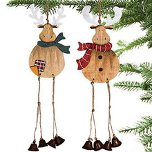 Load image into Gallery viewer, Partybus Christmas Tree Ornaments 2 Pack, Large Handmade Wood Reindeer with Burlap Hanging String Jingle Bells for Outdoor Holiday Home Door Decorations, Country Rustic Wooden Wall Décor