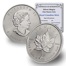 Load image into Gallery viewer, 1988 CA - Present (Random Year) 1 oz Canadian Silver Maple Leaf Coin Brilliant Uncirculated with Certificate of Authenticity by CoinFolio $5 BU