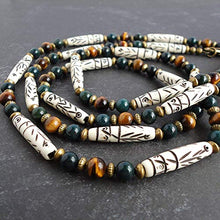 Load image into Gallery viewer, Carved Bone, Bloodstone, Tiger Eye Gemstone - Mens Tribal Style Necklace 19 inch - Handcrafted in USA