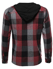 Load image into Gallery viewer, Plaid Flannel Long Sleeves Button Closure Hoodie Shirt Burgundy Black XL