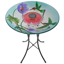 Load image into Gallery viewer, Peaktop 3200670 Outdoor Hand-Painted Hummingbird Fusion Glass Solar Birdbath Bowl Feeder with LED Light and Metal Legs for Patio Garden Backyard, 18-Inch, Blue and Pink