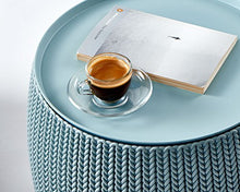 Load image into Gallery viewer, Keter Urban Knit Pouf Ottoman Set of 2 with Storage Table for Patio and Room Décor-Perfect for Balcony, Deck, and Outdoor Seating, Dune/Misty Blue