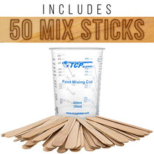 Load image into Gallery viewer, TCP Global 20 Ounce (600ml) Disposable Flexible Clear Graduated Plastic Mixing Cups - Box of 100 Cups & 50 Mixing Sticks - Use for Paint, Resin, Epoxy, Art, Kitchen - Measuring Ratios 2-1, 3-1, 4-1 ML