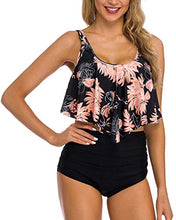Load image into Gallery viewer, COSKAKA Women's High Neck Two Piece Bathing Suits Top Ruffled High Waist Swimsuit Tankini Bikini Sets Green & Leaves L