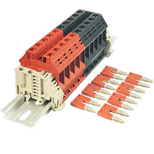 Load image into Gallery viewer, Dinkle Assembly Kit DK10N Red/Black 10 Gang with Jumpers DIN Rail Terminal Blocks, 6-20 AWG, 60 Amp, 600 Volt