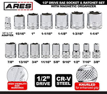Load image into Gallery viewer, ARES 47008-18-Piece 1/2-inch Drive SAE Socket and 90-Tooth Ratchet Set with Magnetic Organizer - Sizes 3/8-Inch to 1 1/4-Inch Sockets