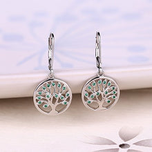 Load image into Gallery viewer, 925 Sterling Silver Family Tree of Life Created Emerald Drop & Dangle Leverback Earrings