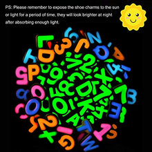 Load image into Gallery viewer, 72pcs Glowing Letter Shoe Charms Glow in The Dark Numbers Shoe Decorations Fits for Clog Shoes Wristband Bracelet Party Favors