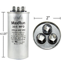 Load image into Gallery viewer, MAXRUN 35+5 MFD uf 370 or 440 Volt VAC Round Motor Dual Run Capacitor for AC Air Conditioner Condenser - 35/5 uf MFD 440V Straight Cool or Heat Pump - Will Run AC Motor and Fan - 5 Year Warranty