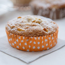 Load image into Gallery viewer, Panificio Premium 3.5 Inch, 4 Ounce Baking Cups: Regular-Ridged Round Paper Baking Cups Perfect for Muffins, Cupcakes or Mini Snacks - Hot Orange Polka Dot Print Design - Disposable - 200ct Box