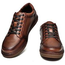 Load image into Gallery viewer, Men's Fashion Sneakers Casual Leather Shoes for Men Perforated Brown Genuine Leather Upper Lace Up Slip On Walking Shoe Size 11