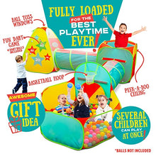 Load image into Gallery viewer, Children’s 5pc Pop Up Play Tent with Ball Pit & Crawl Tunnel – Pretend Playhouse for Kids, Toddlers, Boys, Girls, Indoors & Outdoors – Target Game with 4 Dart Balls – with Carry Case