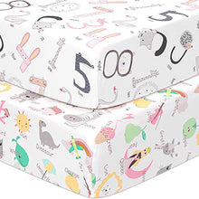 Load image into Gallery viewer, TILLYOU Microfiber Crib Sheets Set for Boys & Girls, Silky Soft Toddler Sheets Printed, Breathable Cozy Baby Sheets, 28 x 52in, 2 Pack Letters & Numbers